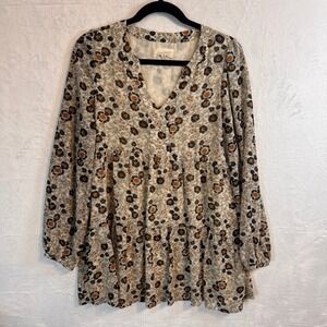 MELLODAY Floral Print Tiered‎ Mini Dress VNeck Long Sleeve Beige Orange Black SZ